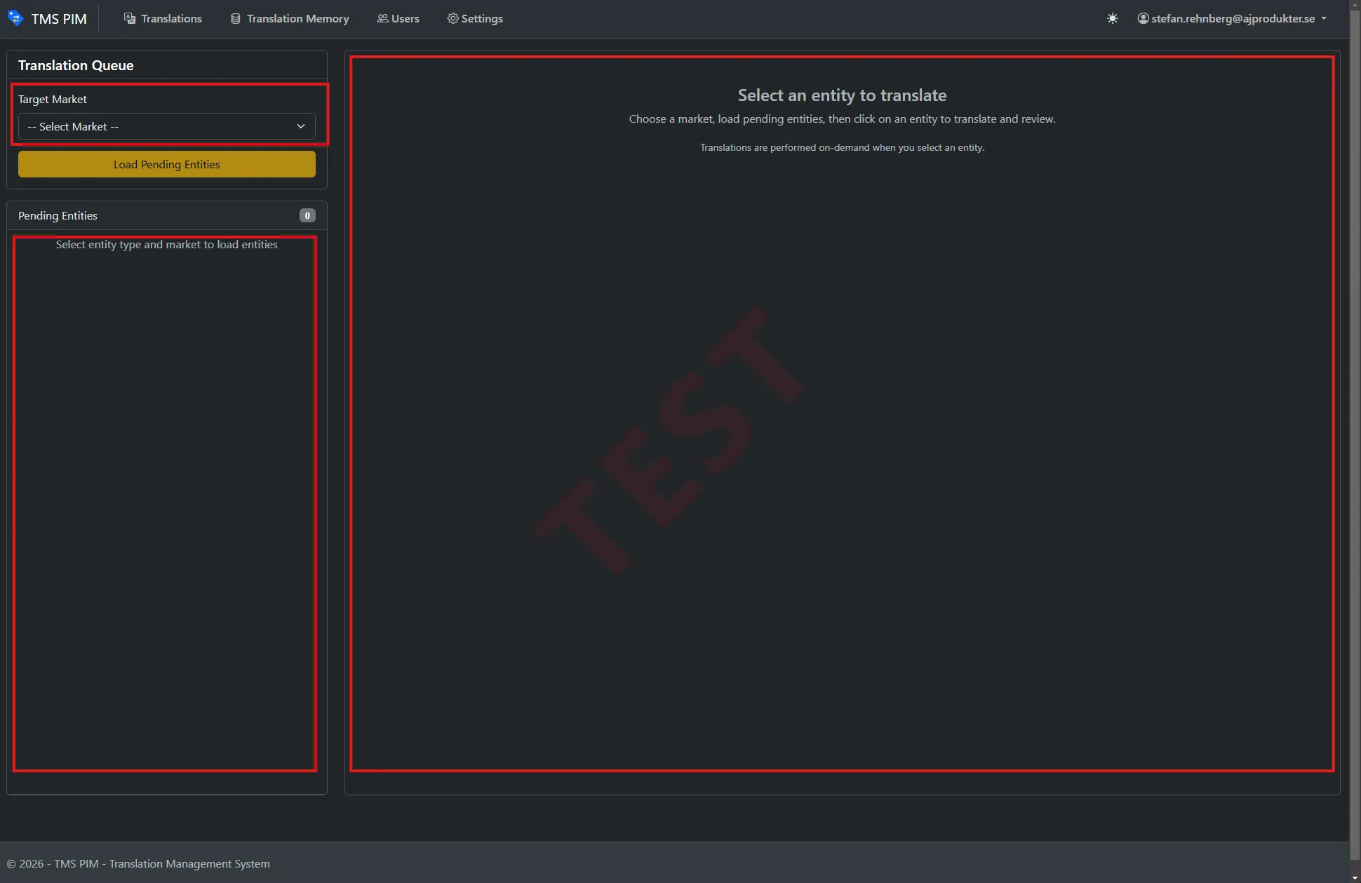 The TMS PIM translation queue: a target-market selector and empty pending-entities list on the left, and a prompt to select an entity to translate on the right