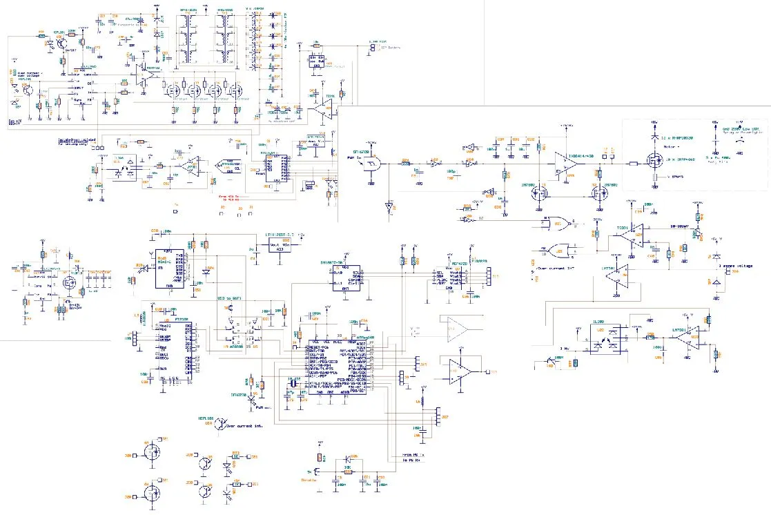 The controller's full schematic: a power stage of paralleled MOSFETs with gate drive and over-current interrupt, around an AVR microcontroller