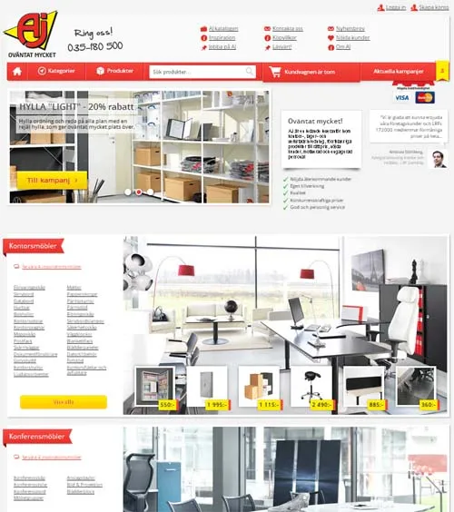 The 2013 design: a full-width campaign banner above room photography for office and conference furniture, each with its own sub-category list