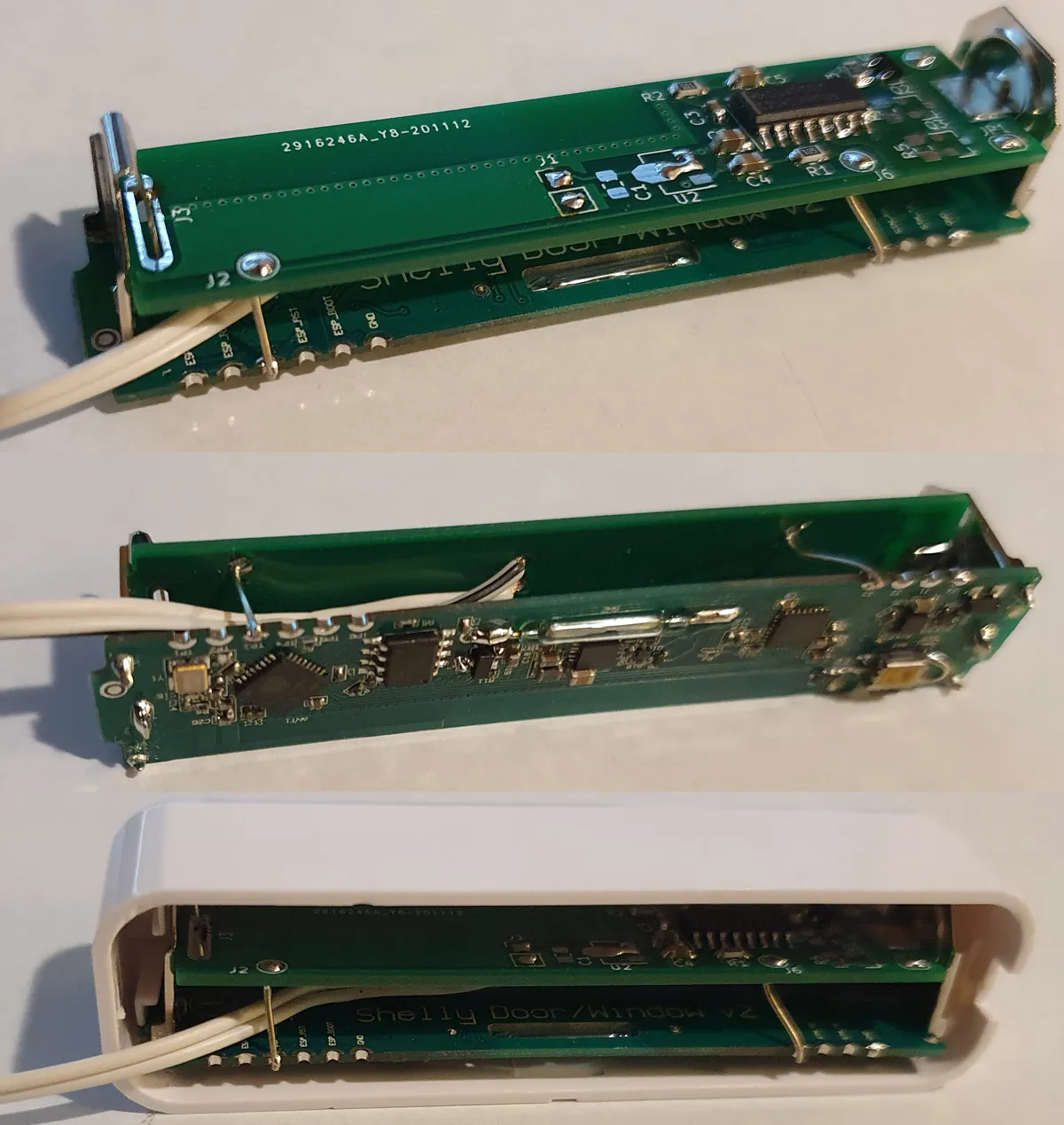Three views of the add-on board: alone, mated to the Shelly Door/Window v2 board, and both fitted inside the sensor's housing
