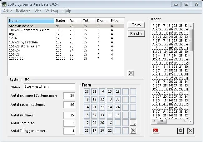 The Lotto Systemtestare main window: saved systems on the left, the selected one’s parameters below, the grid of numbers in its frame, and every generated row down the right