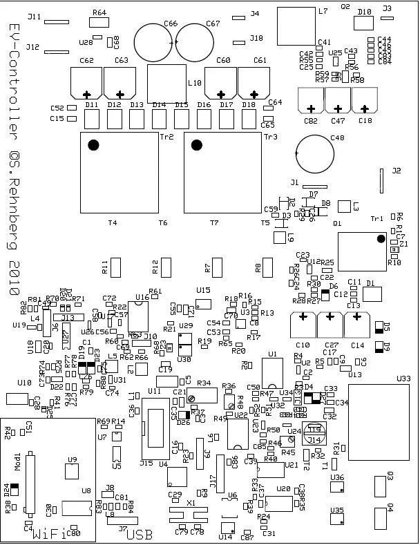 Component placement drawing labelled 'EV-Controller, S. Rehnberg 2010', with the power transistors and the WiFi and USB sections marked out